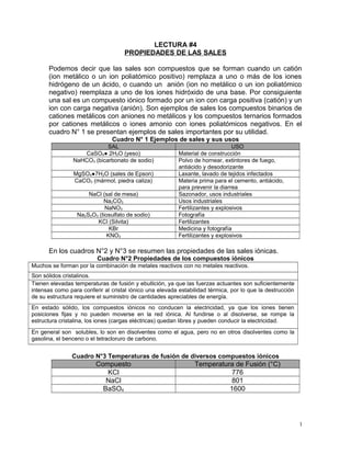 LECTURA #4
PROPIEDADES DE LAS SALES
Podemos decir que las sales son compuestos que se forman cuando un catión
(ion metálic...