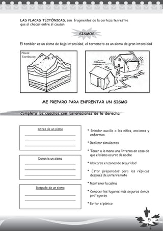 LAS PLACAS TECTÓNICAS, son fragmentos de la corteza terrestre
que al chocar entre sí causan
SISMOS
El temblor es un sismo de baja intensidad, el terremoto es un sismo de gran intensidad
Completa los cuadros con las oraciones de la derechaCompleta los cuadros con las oraciones de la derecha
Antes de un sismo
Después de un sismo
Durante un sismo
ME PREPARO PARA ENFRENTAR UN SISMO
* Brindar auxilio a los niños, ancianos y
enfermos.
* Realizar simulacros
* Tener a la mano una linterna en caso de
que el sismo ocurra de noche
* Ubicarse en zonas de seguridad
* Estar preparados para las réplicas
después de un terremoto
* Mantener la calma
* Conocer los lugares más seguros donde
protegerse
* Evitar el pánico
5
Placas
Tectónicas
 