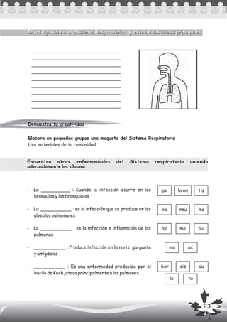 Elabora en pequeños grupos una maqueta del Sistema Respiratorio
Usa materiales de tu comunidad
Encuentra otras enfermedades del Sistema respiratorio uniendo
adecuadamente las sílabas:
- La __________ : Cuando la infección ocurre en los
bronquios y los bronquiolos
- La ___________ : es la infección que se produce en los
alveolos pulmonares
- La ___________ : es la infección e inflamación de los
pulmones
- ___________ : Produce infección en la nariz, garganta
y amígdalas
- ___________ : Es una enfermedad producida por el
bacilo de Koch, ataca principalmente a los pulmones.
qui bron tis
monía pul
moneunía
ma as
lo tu
ber sis cu
Investiga sobre el Sistema Respiratorio y escribe las ideas principalesInvestiga sobre el Sistema Respiratorio y escribe las ideas principales
Demuestra tu creatividadDemuestra tu creatividad
23
 