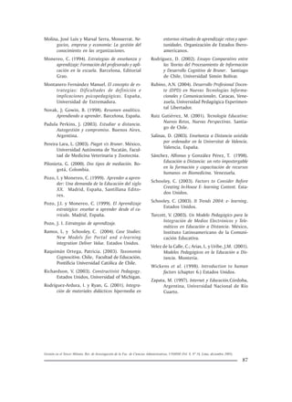 Gestión en el Tercer Milenio, Rev. de Investigación de la Fac. de Ciencias Administrativas, UNMSM (Vol. 8, Nº 16, Lima, diciembre 2005).
87
Molina, José Luis y Marsal Serra, Monserrat. Ne-
gocios, empresa y economía: La gestión del
conocimiento en las organizaciones.
Monereo, C. (1994). Estrategias de enseñanza y
aprendizaje: Formación del profesorado y apli-
cación en la escuela. Barcelona, Editorial
Grao.
Montanero Fernández Manuel. El concepto de es-
trategias: Dificultades de definición e
implicaciones psicopedagógicas. España,
Universidad de Extremadura.
Novak, J; Gowin, B. (1998). Resumen analítico.
Aprendiendo a aprender. Barcelona, España.
Padula Perkins, J. (2003). Estudiar a distancia.
Autogestión y compromiso. Buenos Aires,
Argentina.
Pereira Lara, L. (2003). Piaget v/s Bruner. México,
Universidad Autónoma de Yucatán, Facul-
tad de Medicina Veterinaria y Zootecnia.
Pilonieta, G. (2000). Dos tipos de mediación. Bo-
gotá, Colombia.
Pozo, I. y Monereo, C. (1999). Aprender a apren-
der: Una demanda de la Educación del siglo
XX. Madrid, España, Santillana Edito-
res.
Pozo, J.I. y Monereo, C. (1999). El Aprendizaje
estratégico: enseñar a aprender desde el cu-
rrículo. Madrid, España.
Pozo, J. I. Estrategias de aprendizaje.
Ramos, L. y Schooley, C. (2004). Case Studies:
New Models for Portal and e-learning
integration Deliver Value. Estados Unidos.
Raquimán Ortega, Patricia. (2003). Taxonomía
Cognoscitiva. Chile, Facultad de Educación,
Pontificia Universidad Católica de Chile.
Richardson, V. (2003). Constructivist Pedagogy.
Estados Unidos, Universidad of Michigan.
Rodríguez-Ardura, I. y Ryan, G. (2001). Integra-
ción de materiales didácticos hipermedia en
entornos virtuales de aprendizaje: retos y opor-
tunidades. Organización de Estados Ibero-
americanos.
Rodríguez, D. (2002). Ensayo Comparativo entre
las Teorías del Procesamiento de Información
y Desarrollo Cognitivo de Bruner. Santiago
de Chile, Universidad Simón Bolívar.
Rubino, A.N. (2004). Desarrollo Profesional Docen-
te (DPD) en Nuevas Tecnologías Informa-
cionales y Comunicacionales. Caracas, Vene-
zuela, Universidad Pedagógica Experimen-
tal Libertador.
Ruiz Gutiérrez, M. (2001). Tecnología Educativa:
Nuevos Retos, Nuevas Perspectivas. Santia-
go de Chile.
Salinas, D. (2003). Enseñanza a Distancia asistida
por ordenador en la Universitat de Valencia.
Valencia, España.
Sánchez, Alfonso y González Pérez, T. (1998).
Educación a Distancia: un reto impostergable
en la formación y capacitación de recursos
humanos en Biomedicina. Venezuela.
Schooley, C. (2003). Factors to Consider Before
Creating In-House E- learning Content. Esta-
dos Unidos.
Schooley, C. (2003). It Trends 2004: e- learning.
Estados Unidos.
Turcott, V. (2003). Un Modelo Pedagógico para la
Integración de Medios Electrónicos y Tele-
máticos en Educación a Distancia. México,
Instituto Latinoamericano de la Comuni-
cación Educativa.
Velez de la Calle, C.; Arias, L. y Uribe, J.M. (2001).
Modelos Pedagógicos en la Educación a Dis-
tancia. Montería.
Wickens et al. (1998). Introduction to human
factors (chapter 6.) Estados Unidos.
Zapata, M. (1997). Internet y Educación.Córdoba,
Argentina, Universidad Nacional de Río
Cuarto.
 