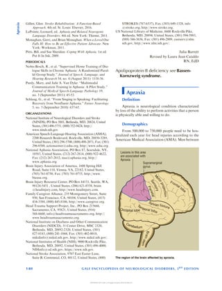 Gillen, Glen. Stroke Rehabilitation: A Function-Based
Approach. 4th ed. St. Louis: Elsevier, 2016.
LaPointe, Leonard, ed. Aphasia and Related Neurogenic
Language Disorders. 4th ed. New York: Thieme, 2011.
Monaghan, Gerri, and Brian Monaghan. When a Loved One
Falls Ill: How to Be an Effective Patient Advocate. New
York: Workman, 2011.
Pitts, Bill, and Sue Sheridan. Coping With Aphasia. 1st ed.
Put It In Ink, 2009.
PERIODICALS
Nobis-Bosch, R., et al. Supervised Home Training of Dia-
logue Skills in Chronic Aphasia: A Randomized Paral-
lel Group Study. Journal of Speech, Language, and
Hearing Research 54, no. 4 (August 2011): 1118-36.
Purdy, Mary, and Julie A. Van Dyke. Multimodal
Communication Training in Aphasia: A Pilot Study.
Journal of Medical Speech-Language Pathology 19,
no. 3 (September 2011): 45-53.
Schlaug, G., et al. From Singing to Speaking: Facilitating
Recovery from Nonfluent Aphasia. Future Neurology
5, no. 5 (September 2010): 657-65.
ORGANIZATIONS
National Institute of Neurological Disorders and Stroke
(NINDS), PO Box 5801, Bethesda, MD, 20824, United
States, (301) 496-5751, (800) 352-9424, http://
www.ninds.nih.gov.
American Speech-Language-Hearing Association (ASHA),
2200 Research Boulevard, Rockville, MD, 20850-3289,
United States, (301) 296-5700, (800) 498-2071, Fax: (301)
296-8580, actioncenter@asha.org, http://www.asha.org.
National Aphasia Association, PO Box 87, Scarsdale, NY,
10583, United States, (212) 267-2814, (800) 922-4622,
Fax: (212) 267-2812, naa@aphasia.org, http://
www.aphasia.org.
Brain Injury Association of America, 1608 Spring Hill
Road, Suite 110, Vienna, VA, 22182, United States,
(703) 761-0750, Fax: (703) 761-0755, http://www.
biausa.org.
Brain Injury Resource Center, PO Box 84151, Seattle, WA,
98124-5451 , United States, (206) 621-8558, brain
@headinjury.com, http://www.headinjury.com.
Family Caregiver Alliance, 235 Montgomery Street, Suite
950, San Francisco, CA, 94104, United States, (415)
434-3388, (800) 445-8106, http://www.caregiver.org.
Head Trauma Support Project, Inc., PO Box 215666,
Sacramento, CA, 95821, United States, (916)
568-6660, info@headtraumasacramento.org, http://
www.headtraumasacramento.org.
National Institute on Deafness and Other Communication
Disorders (NIDCD), 31 Center Drive, MSC 2320,
Bethesda, MD, 20892-2320, United States, (301)
827-8183, (800) 241-1044, Fax: (301) 402-0018,
nidcdinfo@nidcd.nih.gov, http://www.nidcd.nih.gov/.
National Institutes of Health (NIH), 9000 Rockville Pike,
Bethesda, MD, 20892, United States, (301) 496-4000,
NIHinfo@od.nih.gov, https://www.nih.gov.
National Stroke Association, 9707 East Easter Lane,
Suite B, Centennial, CO, 80112, United States, (800)
STROKES (787-6537), Fax: (303) 649-1328, info
@stroke.org, http://www.stroke.org.
US National Library of Medicine, 8600 Rockville Pike,
Bethesda, MD, 20894, United States, (301) 594-5983,
(888) 346-3656, Fax: (301) 496-2809, custserv@nlm.
nih.gov, http://www.nlm.nih.gov/.
Julia Barrett
Revised by Laura Jean Cataldo
RN, EdD
Apolipoprotein B deficiency see Bassen-
Kornzweig syndrome.
Apraxia
Definition
Apraxia is neurological condition characterized
by loss of the ability to perform activities that a person
is physically able and willing to do.
Demographics
From 500,000 to 750,000 people need to be hos-
pitalized each year for head injuries according to the
American Medical Association (AMA). Men between
Lesions in this area
are associated with
Apraxia
Supramarginal
gyrus
The region of the brain affected by apraxia.
140 GALE ENCYCLOPEDIA OF NEUROLOGICAL DISORDERS, 3R D
EDITION
Apraxia
COPYRIGHT 2017 Gale, A Cengage Company WCN 02-200-210
 