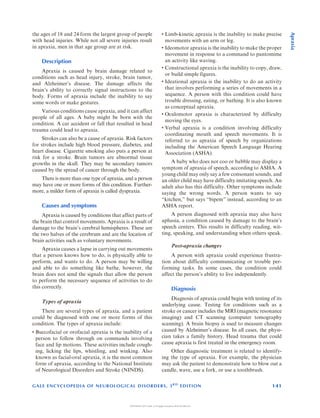 the ages of 18 and 24 form the largest group of people
with head injuries. While not all severe injuries result
in apraxia, men in that age group are at risk.
Description
Apraxia is caused by brain damage related to
conditions such as head injury, stroke, brain tumor,
and Alzheimers disease. The damage affects the
brains ability to correctly signal instructions to the
body. Forms of apraxia include the inability to say
some words or make gestures.
Various conditions cause apraxia, and it can affect
people of all ages. A baby might be born with the
condition. A car accident or fall that resulted in head
trauma could lead to apraxia.
Strokes can also be a cause of apraxia. Risk factors
for strokes include high blood pressure, diabetes, and
heart disease. Cigarette smoking also puts a person at
risk for a stroke. Brain tumors are abnormal tissue
growths in the skull. They may be secondary tumors
caused by the spread of cancer through the body.
There is more than one type of apraxia, and a person
may have one or more forms of this condition. Further-
more, a milder form of apraxia is called dyspraxia.
Causes and symptoms
Apraxia is caused by conditions that affect parts of
the brain that control movements. Apraxia is a result of
damage to the brains cerebral hemispheres. These are
the two halves of the cerebrum and are the location of
brain activities such as voluntary movements.
Apraxia causes a lapse in carrying out movements
that a person knows how to do, is physically able to
perform, and wants to do. A person may be willing
and able to do something like bathe, however, the
brain does not send the signals that allow the person
to perform the necessary sequence of activities to do
this correctly.
Types of apraxia
There are several types of apraxia, and a patient
could be diagnosed with one or more forms of this
condition. The types of apraxia include:
 Buccofacial or orofacial apraxia is the inability of a
person to follow through on commands involving
face and lip motions. These activities include cough-
ing, licking the lips, whistling, and winking. Also
known as facial-oral apraxia, it is the most common
form of apraxia, according to the National Institute
of Neurological Disorders and Stroke (NINDS).
 Limb-kinetic apraxia is the inability to make precise
movements with an arm or leg.
 Ideomotor apraxia is the inability to make the proper
movement in response to a command to pantomime
an activity like waving.
 Constructional apraxia is the inability to copy, draw,
or build simple figures.
 Ideational apraxia is the inability to do an activity
that involves performing a series of movements in a
sequence. A person with this condition could have
trouble dressing, eating, or bathing. It is also known
as conceptual apraxia.
 Oculomotor apraxia is characterized by difficulty
moving the eyes.
 Verbal apraxia is a condition involving difficulty
coordinating mouth and speech movements. It is
referred to as apraxia of speech by organizations
including the American Speech Language Hearing
Association (ASHA).
A baby who does not coo or babble may display a
symptom of apraxia of speech, according to ASHA. A
young child may only say a few consonant sounds, and
an older child may have difficulty imitating speech. An
adult also has this difficulty. Other symptoms include
saying the wrong words. A person wants to say
kitchen, but says bipem instead, according to an
ASHA report.
A person diagnosed with apraxia may also have
aphasia, a condition caused by damage to the brains
speech centers. This results in difficulty reading, wit-
ting, speaking, and understanding when others speak.
Post-apraxia changes
A person with apraxia could experience frustra-
tion about difficulty communicating or trouble per-
forming tasks. In some cases, the condition could
affect the persons ability to live independently.
Diagnosis
Diagnosis of apraxia could begin with testing of its
underlying cause. Testing for conditions such as a
stroke or cancer includes the MRI (magnetic resonance
imaging) and CT scanning (computer tomography
scanning). A brain biopsy is used to measure changes
caused by Alzheimers disease. In all cases, the physi-
cian takes a family history. Head trauma that could
cause apraxia is first treated in the emergency room.
Other diagnostic treatment is related to identify-
ing the type of apraxia. For example, the physician
may ask the patient to demonstrate how to blow out a
candle, wave, use a fork, or use a toothbrush.
GALE ENCYCLOPEDIA OF NEUROLOGICAL DISORDERS, 3R D
EDITION 141
Apraxia
COPYRIGHT 2017 Gale, A Cengage Company WCN 02-200-210
 