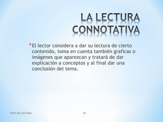 TIPOS DE LECTURA 15
*El lector considera a dar su lectura de cierto
contenido, toma en cuenta también graficas o
imágenes que aparezcan y tratará de dar
explicación a conceptos y al final dar una
conclusión del tema.
 