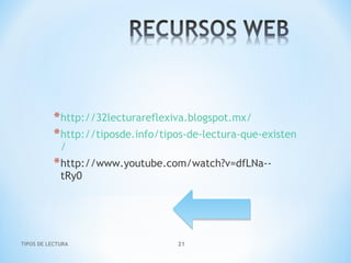 *http://32lecturareflexiva.blogspot.mx/
*http://tiposde.info/tipos-de-lectura-que-existen
/
*http://www.youtube.com/watch?v=dfLNa--
tRy0
TIPOS DE LECTURA 21
 