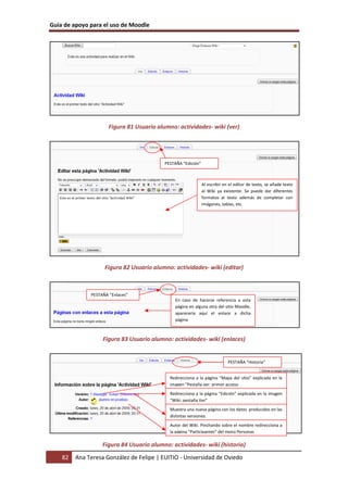 Guía de apoyo para el uso de Moodle
82 Ana Teresa González de Felipe | EUITIO - Universidad de Oviedo
Figura 81 Usuario alumno: actividades- wiki (ver)
Figura 82 Usuario alumno: actividades- wiki (editar)
Figura 83 Usuario alumno: actividades- wiki (enlaces)
Figura 84 Usuario alumno: actividades- wiki (historia)
Al escribir en el editor de texto, se añade texto
al Wiki ya existente. Se puede dar diferentes
formatos al texto además de completar con
imágenes, tablas, etc.
PESTAÑA “Edición”
En caso de hacerse referencia a esta
página en alguna otra del sitio Moodle,
aparecería aquí el enlace a dicha
página
PESTAÑA “Enlaces”
PESTAÑA “Historia”
Redirecciona a la página “Mapa del sitio” explicada en la
imagen “Pestaña ver: primer acceso
Redirecciona a la página “Edición” explicada en la imagen
“Wiki: pestaña Ver”
Muestra una nueva página con los datos producidos en las
distintas versiones.
Autor del Wiki. Pinchando sobre el nombre redirecciona a
la página “Participantes” del menú Personas
 