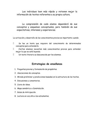Los individuos leen más rápido y retienen mejor la
      información de textos referentes a su propia cultura.



           La comprensión de cada alumno dependerá de sus
      conceptos y esquemas conceptuales, pero también de sus
      expectativas, intereses y experiencias.


La activación y desarrollo de los conocimientos previos es importante cuando:


       Se lee un texto que requiere del conocimiento de determinados
     conceptos para entenderlo.
      Ciertos alumnos necesitan más conocimientos previos para entender
     mejor lo que se está leyendo.
       Un texto literario es desconocido por los alumnos.




                          Estrategias de enseñanza

    1. Preguntas previas y formulación de propósitos.

    2. Asociaciones de conceptos.

    3. Mirada preliminar y predicciones basadas en la estructura de los textos.

    4. Discusiones y comentarios.

    5. Lluvia de ideas.

    6. Mapa semántico o Constelación.

    7. Guías de Anticipación.

    8. Lectura en voz alta a los estudiantes.
 
