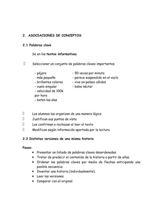 2. ASOCIACIONES DE CONCEPTOS


2.1 Palabras clave

     Se en los textos informativos


     Seleccionar un conjunto de palabras claves importantes.

         - pájaro                - 50 veces por minuto
         - más pequeño           - parece suspendido en el vacío
         - brillantes colores    - vive en países cálidos
         - vuelo singular        - bebe néctar
         - velocidad de 100k
         por hora
         - baten las alas



     Los alumnos las organizan de una manera lógica
     Justifican sus puntos de vista
     Los confirman o rechazan al leer el texto
     Modifican según información aportada por la lectura

2.2 Distintas versiones de una misma historia

Pasos:
     • Presentar un listado de palabras claves desordenadas.
     • Tratar de predecir el contenido de la historia a partir de ellas.
     • Ordenar las palabras claves por medio de flechas anticipando una
       posible secuencia.
     • Inventar una historia (individualmente).
     • Leer las versiones.
     • Comparar con el original.
 