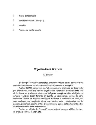      mapas conceptuales

     concepto circular (“circept”)

     mandala

     “espejo de mente abierta




                        Organizadores Gráficos

                                    El Circept



       El “circept” (circulaire concept) o concepto circular es una estrategia de
carácter creativo que permite desarrollar el razonamiento analógico.
       Fustier (1978), comprobó que “el razonamiento analógico se desarrolla
por proximidad”. Para ello hay que dejar actuar libremente al inconsciente con
el fin de que surja el mayor número de imágenes analógicas sobre el objeto en
estudio. También deben tenerse en cuenta las oposiciones, porque de esta
manera se forman las imágenes analógicas. Mediante el bombardeo de ideas, de
unas analogías van surgiendo otras, que pueden estar relacionadas con la
persona, personaje, objeto, ente o situación social que se está estudiando a fin
de encontrar relaciones interesantes.
       Pueden ser objeto del “circept”: un profesional, un ogro, el lápiz, la tiza,
un árbol, la familia, el amor, etc.
 