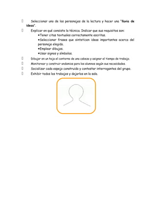       Seleccionar uno de los personajes de la lectura y hacer una “lluvia de
    ideas”.
      Explicar en qué consiste la técnica. Indicar que sus requisitos son:
            • Tener citas textuales correctamente escritas.
            • Seleccionar frases que sinteticen ideas importantes acerca del
            personaje elegido.
            • Emplear dibujos.
            • Usar signos y símbolos.
      Dibujar en un hoja el contorno de una cabeza y asignar el tiempo de trabajo.
      Monitorear y construir andamios para los alumnos según sus necesidades.
      Socializar cada espejo construido y contestar interrogantes del grupo.
      Exhibir todos los trabajos y dejarlos en la sala.
 