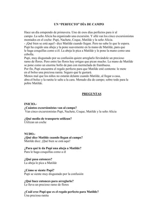 UN “PERFECTO” DÍA DE CAMPO
Hace un día estupendo de primavera. Uno de esos días perfectos para ir al
campo. La seño Alicia ha organizado una excursión. Y allá van los cinco excursionistas
montados en el coche: Pupi, Nachete, Coque, Matilde y la seño Alicia.
- ¡Qué bien se está aquí!- dice Matilde cuando llegan. Pero no sabe lo que le espera.
Pupi ha cogido una abeja y la pone suavemente en la mano de Matilde, para que
le haga cosquillas como a él. La abeja le pica a Matilde y le pone la mano como una
cebolla.
Pupi, muy disgustado por su confusión quiere arreglarlo llevándole un precioso
ramo de flores. Pero entre las flores hay ortigas que pican mucho. La mano de Matilde
se pone como un enorme bollo de pan con mermelada de frambuesa.
Por fin, Pupi encuentra el regalo perfecto para que Matilde esté contenta: le mete
en el bolso una preciosa ranita. Seguro que le gustará.
Menos mal que los niños no estarán delante cuando Matilde, al llegar a casa,
abra el bolso y la ranita le salte a la cara. Menudo día de campo; sobre todo para la
pobre Matilde.
PREGUNTAS
INICIO.-
¿Cuántos excursionistas van al campo?
Van cinco excursionistas Pupi, Nachete, Coque, Matilde y la seño Alicia
¿Qué medio de transporte utilizan?
Utilizan un coche
NUDO.-
¿Qué dice Matilde cuando llegan al campo?
Matilde dice: ¡Qué bien se está aquí!
¿Para qué le da Pupi una abeja a Matilde?
Para le haga cosquillas como a él
¿Qué pasa entonces?
La abeja le pica a Matilde
¿Cómo se siente Pupi?
Pupi se siente muy disgustado por la confusión
¿Qué hace entonces para arreglarlo?
Le lleva un precioso ramo de flores
¿Cuál cree Pupi que es el regalo perfecto para Matilde?
Una preciosa ranita
 