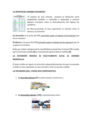 LA IDENTIDAD AHORRO-INVERSIÓN
El análisis de esta relación propicia la distinción entre
magnitudes medidas o realizadas y planeadas y conocer
algunos conceptos sobre la determinación del ingreso de
equilibrio.
En Macroeconomía es muy importante la relación entre el
ahorro y la inversión.
La inversión es la parte del PIB (calculado según el enfoque del producto) que
no es consumo.
El ahorro es la parte del PIB (calculado según el enfoque de los ingresos) que no
se gasta en consumo.
Dado que ambos enfoques de la contabilidad nacional dan el mismo PIB, resulta
que la inversión medida (I) es exactamente igual al ahorro medido (S).
LA INVERSIÓN MEDIDA ES EXACTAMENTE IGUAL AL AHORRO
MEDIDO:I≡S
El ahorro debe ser igual a la inversión independientemente de que la economía
se halle en una expansión, en una recesión o esté en una fase estable.
LA INVERSIÓN (IBT) POSEE DOS COMPONENTES:
1. La inversión interna (IN) en planta equipo y existencias y,
2. La inversión exterior (NX) o exportaciones netas
 
