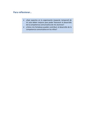 Para reflexionar…



¿Qué aspectos en la organización (espacial, temporal) de
mi aula deben mejorar para poder favorecer el desarrollo
de la competencia comunicativa de mis alumnos?
¿Cómo mis fortalezas pueden contribuir al desarrollo de la
competencia comunicativa en los niños?

 