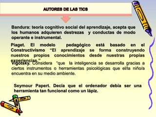 Bandura: teoría cognitivo social del aprendizaje, acepta que 
los humanos adquieren destrezas y conductas de modo 
operante e instrumental. 
Piaget. El modelo pedagógico está basado en el 
Constructivismo “El aprendizaje se forma construyendo 
nuestros propios conocimientos desde nuestras propias 
experiencias.” 
Vigotsky. Considera “que la inteligencia se desarrolla gracias a 
ciertos instrumentos o herramientas psicológicas que el/la niño/a 
encuentra en su medio ambiente. 
Seymour Papert. Decía que el ordenador debía ser una 
herramienta tan funcional como un lápiz. 
 