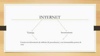 INTERNET
Ventaja Inconveniente
Cuenta con información de millones de procedencias y con innumerables puntos de
vista
 