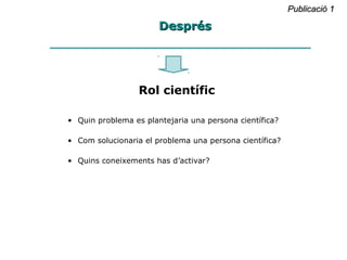 • Quin problema es plantejaria una persona
científica?
• Com solucionaria el problema una persona
científica?
• Quins coneixements has d’activar?
Rol científic
DesprésDesprés
 