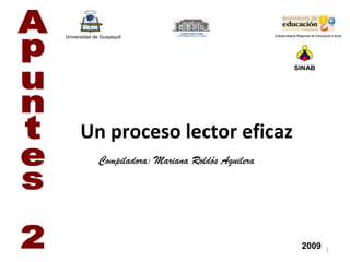 Universidad de Guayaquil                             Subsecretaría Regional de Educación-Litoral




                                                                 SINAB




      Un proceso lector eficaz
              Compiladora: Mariana Roldós Aguilera




                                                                      2009           1
 