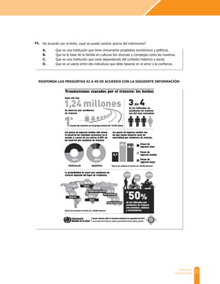 25
Prueba de
Lectura Crítica
De acuerdo con el texto, ¿qué se puede concluir acerca del matrimonio?
A. Que es una institución que tiene únicamente propósitos económicos y políticos.
B. Que es la base de la familia en culturas tan diversas y complejas como las nuestras.
C. Que es una institución que varía dependiendo del contexto histórico y social.
D. Que es un pacto entre dos individuos que debe basarse en el amor y la confianza.
RESPONDA LAS PREGUNTAS 42 A 49 DE ACUERDO CON LA SIGUIENTE INFORMACIÓN
41.
 