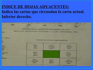 14
INDICE DE HOJAS ADYACENTES:
Indica las cartas que circundan la carta actual.
Inferior derecho.
 