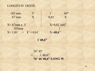 35
LONGITUD OESTE:
185 mm 5’ 1´ 60”
67 mm X 0,81´ X
X= 67mm x 5´ X=0,81´x60”
185mm 1´
X= 1,81´ = 1´ + 0,81´ X=48,6”
1´48,6”
76° 45´
+ 1´48,6”
76° 46´48,6” LONG W
 