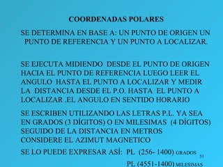 51
COORDENADAS POLARES
SE DETERMINA EN BASE A: UN PUNTO DE ORIGEN UN
PUNTO DE REFERENCIA Y UN PUNTO A LOCALIZAR.
SE EJECUTA MIDIENDO DESDE EL PUNTO DE ORIGEN
HACIA EL PUNTO DE REFERENCIA LUEGO LEER EL
ANGULO HASTA EL PUNTO A LOCALIZAR Y MEDIR
LA DISTANCIA DESDE EL P.O. HASTA EL PUNTO A
LOCALIZAR .EL ANGULO EN SENTIDO HORARIO
SE ESCRIBEN UTILIZANDO LAS LETRAS P.L. YA SEA
EN GRADOS (3 DÍGITOS) O EN MILESIMAS (4 DÍGITOS)
SEGUIDO DE LA DISTANCIA EN METROS
CONSIDERE EL AZIMUT MAGNETICO
SE LO PUEDE EXPRESAR ASÍ: PL (256- 1400) GRADOS
PL (4551-1400) MILESIMAS
 