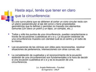 Hasta aquí, tenés que tener en claro 
que la circunferencia: 
 Es una curva plana que se obtienen al cortar un cono circular recto con 
un plano (perpendicular al eje del cono) y tiene propiedades 
geométricas que la definen y permiten su trazado con elementos 
comunes (Un clavo un piolín y un lápiz, un compás, etc..) 
 Todos y sólo los puntos de una circunferencia, pueden caracterizarse a 
través de ecuaciones cuadráticas en x e y. La ecuación estándar de 
una circunferencia muestra con claridad cuál es el centro y el radio de 
la misma. 
 Las ecuaciones de las cónicas son útiles para reconocerlas, resolver 
situaciones de pertenencia, intersecciones con otras curvas, etc. 
 La completación de cuadrados y el reconocimiento de la ecuación 
estándar de una circunferencias son fundamentales a la hora de decidir 
si una ecuación cuadrática en x e y es la ecuación de una 
circunferencia. 
Lic. Angela Maldonado - Facultad 
de Ingeniería - UNLP 11 
 