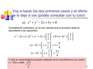 Voy a hacer los dos primeros casos y el último 
te lo dejo a vos (podés consultar con tu tutor) 
a) x2 + y2 - 2x + 3y = 0 
Completando cuadrados, se ve con claridad que la ecuación dada es 
equivalente a las siguientes: 
2 
÷ø 
2 ( 1) 3 3 3 
÷ø 
= 0 + ( - 1) + æ x - x + - + y + y + æ 
1 9 
( x - 1) + æ y + 
3 
ö çè 
13 
( x - 1) + æ y + 
3 
ö çè 
Lic. Angela Maldonado - Facultad 
2 
2 
de Ingeniería - UNLP 9 
2 2 2 
2 
2 
ö çè 
ö çè 
4 
2 
2 
2 + = ÷ø 
4 
2 
2 
2 = ÷ø 
Y esta es claramente la ecuación estándar de la circunferencia con centro 
(1, -3/2) y radio 
13 
2 
 