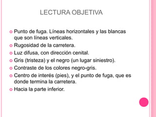 LECTURA OBJETIVA
 Punto de fuga. Líneas horizontales y las blancas
que son líneas verticales.
 Rugosidad de la carretera...