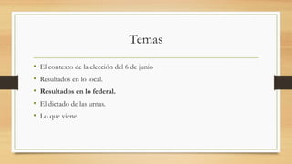 Temas
• El contexto de la elección del 6 de junio
• Resultados en lo local.
• Resultados en lo federal.
• El dictado de las urnas.
• Lo que viene.
 