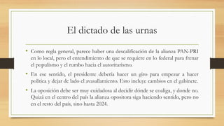 El dictado de las urnas
• Como regla general, parece haber una descalificación de la alianza PAN-PRI
en lo local, pero el entendimiento de que se requiere en lo federal para frenar
el populismo y el rumbo hacia el autoritarismo.
• En ese sentido, el presidente debería hacer un giro para empezar a hacer
política y dejar de lado el avasallamiento. Esto incluye cambios en el gabinete.
• La oposición debe ser muy cuidadosa al decidir dónde se coaliga, y donde no.
Quizá en el centro del país la alianza opositora siga haciendo sentido, pero no
en el resto del país, sino hasta 2024.
 