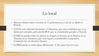 Lo local
• Morena obtiene claras victorias en 11 gubernaturas, y una de su aliado el
PVEM.
• El PAN solo refrenda Querétaro y Chihuahua, que eran resultados que ya se
daban por sentados, pero pierde BCS (que se consideraba ganado) y Nayarit.
• El PRI las pierde todas. La alianza no fraguó en Sonora, ni en Sinaloa, ni en
Tlaxcala, ni en Zacatecas, que eran lugares considerados competidos.
Campeche fue un absoluto fracaso.
• El PRD pierde su única plaza, Michoacán. Y MC gana Nuevo León.
 