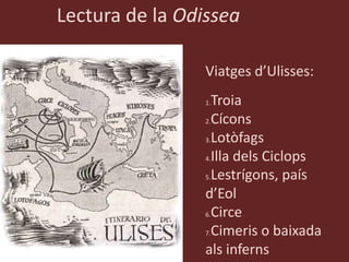 Lectura de la Odissea

                 Viatges d’Ulisses:
                 1.Troia
                 2.Cícons

                 3.Lotòfags

                 4.Illa dels Ciclops

                 5.Lestrígons, país

                 d’Eol
                 6.Circe

                 7.Cimeris o baixada

                 als inferns
 
