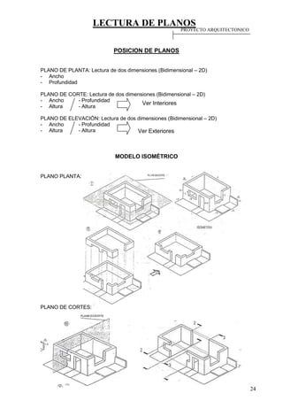 LECTURA DE PLANOS
24
POSICION DE PLANOS
PLANO DE PLANTA: Lectura de dos dimensiones (Bidimensional – 2D)
- Ancho
- Profundidad
PLANO DE CORTE: Lectura de dos dimensiones (Bidimensional – 2D)
- Ancho - Profundidad
- Altura - Altura
PLANO DE ELEVACIÓN: Lectura de dos dimensiones (Bidimensional – 2D)
- Ancho - Profundidad
- Altura - Altura
MODELO ISOMÉTRICO
PLANO PLANTA:
PLANO DE CORTES:
Ver Interiores
Ver Exteriores
PROYECTO ARQUITECTONICO
 