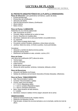 LECTURA DE PLANOS
57
EL PROYECTO ARQUITECTÓNICO ES LA PLANTILLA ORDENADORA:
Plano de Ubicación: Leer parámetros normativos, cuadro de áreas.
 El área techada total
 El área libre de la Edificación
 Ubicación del distrito
 Área de Estructuración Urbana y Zonificación
 Altura máxima
 Retiro mínimo
Plano de Plantas: ILUMINACIÓN
Ambientes de una vivienda (referencial)
 Sala: Iluminación en el NTT.
 Comedor: Mayor cantidad de luz sobre la mesa
 Cocina: Área libre sin muebles altos.
 Dormitorio: Cabecera de la cama para facilitar una posible lectura.
 CL (opcional)
 SHH: Sobre el espejo (techo bajo)
 Circulación vertical: Escalera, pasadizos y otras áreas comunes.
 Jardines: Sobre los vanos, no frente a puertas, muros perimetrales.
Considerar:
 Ubicación y sentido de abertura de las puertas.
 Ubicación de los vanos.
 Distribución de Muebles en sala, comedor, cocina y S.H.
Plano de Cortes
Leer altura de la edificación (NTT) altura de vanos.
 Techos bajos
 Techos inclinados
 Falsos techos
 Doble altura (caja de paso)
 Alturas de varios (puertas, ventanas, mamparas, tabiques y otros)
Plano de Elevaciones
 Ubicación del Medidor de Energía
 Salidas de artefactos de iluminación decorativa (Farolas Adosadas, reflectores).
Plano de Planta: TOMACORRIENTES
 Sala: Recomendable 2 salidas
 Comedor: Recomendable 2 salidas
 Cocina: sobre zona de trabajo
h = 1.10 mt. (Reposteros altos)
L = 1.20 mt. Lineales (Reposteros bajos)
h = 1.80 mt. (Campana extractora)
 Baño: Sobre lavatorio de lado derecho.
h = variable
 Dormitorio: Colocar 2 salidas mínimo (según ubicación de la cama)
OBSERVACIONES:
 Distancia tomacorriente 6 mts. lineales máximo.
 Distancia a la esquema: 50 mts.
 Caja de paso, al pasar de una zona techada a uno no techada, cambio de nivel de
altura.
PROYECTO DE INST. ELECTRICAS
 