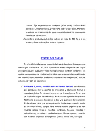 plantas. Fija especialmente nitrógeno (NO3, NH4), fósforo (P04)
        calcio (Ca), magnesio (Mg), potasio (K), sodio (Na) y otros. Mantiene
        la vida de los organismos del suelo, esenciales para los procesos de
        renovación del recurso.
     • Aumenta la productividad de los cultivos en más del 100 % si a los
        suelos pobres se les aplica materia orgánica.




                          PERFIL DEL SUELO

      Es el análisis del espesor y características de las diferentes capas que
constituyen la Litosfera. . El perfil típico de un suelo comprende tres capas
principales (suelo, subsuelo y roca madre) llamadas también horizontes, los
cuales son una serie de niveles horizontales que se desarrollan en el interior
del mismo y que presentan diferentes caracteres de composición, textura,
adherencia y son los siguientes:

      Horizonte A, suelo, aluvial ó zona de lavado vertical: está formado
      por partículas muy pequeñas de minerales y abundante humus o
      materia orgánica. Su color es oscuro ya que rica en humus. Es la parte
      de la Litosfera apta para el cultivo. El Horizonte A puede desaparecer
      fácilmente a causa de la erosión, la tala y la quema de la vegetación.
      Es la primera capa que vemos de arriba hacia abajo, cuando existe.
      Es de color oscuro, porque tiene mucha materia orgánica y se ven
      muchas raíces vivas o muertas, lombrices, hongos, insectos y
      animales muy pequeños como las bacterias. De color pardo o marrón,
      con materias orgánicas e inorgánicas (arena, arcilla, limo, cascajo).




                                                                              14
 