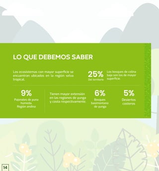 Los ecosistemas con mayor superﬁcie se
encuentran ubicados en la región selva
tropical.
Tienen mayor extensión
en las regiones de yunga
y costa respectivamente.
LO QUE DEBEMOS SABER
25%
Los bosques de colina
baja son los de mayor
superﬁcie.
Del territorio
9%
Pajonales de puna
húmeda,
Región andina
6%
Bosques
basimontano
de yunga
5%
Desiertos
costeros
14
 
