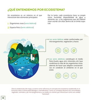 Un ecosistema es un sistema en el que
interactúan dos elementos principales:
¿QUÉ ENTENDEMOS POR ECOSISTEMA?
Organismos vivos (seres bióticos)
Espacio físico (seres abióticos)
Los seres bióticos están conformados por
microorganismos, vegetación y fauna.
Los seres abióticos constituyen el medio
físico (suelo, agua, aire, minerales, etc.) que
condiciona la vida de los organismos vivos,
además de hacer que adopten característi-
cas en condición al ambiente en el que
están.
1
2
Por lo tanto, cada ecosistema tiene su propio
clima, humedad, disponibilidad de agua y
alimento, etc. y los organismos que allí habitan
viven acorde con ellos dentro de un límite espa-
cial.
Para la elaboración del mapa, se tomó como referencia el concepto de ecosistema establecido en el
Convenio sobre la Diversidad Biológica, entendiéndose “como un complejo dinámico de comunidades
vegetales, animales y de microorganismos y su medio no viviente que interactúan como una unidad
funcional”.
6
 