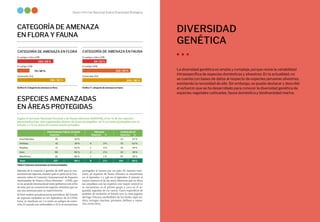 La Biodiversidad en Cifras
30 31
Sexto Informe Nacional Sobre Diversidad Biológica
PROTEGIDAS POR EL ESTADO
Especies %
PRIVADA
Especies %
FUERA DE AP
Especies %
Invertebrados 10 43 % 13 57 %
Anfibios 41 34 % 4 3 % 75 63 %
Reptiles 17 53 % 1 3 % 14 44 %
Aves 98 80 % 2 2 % 22 18 %
Mamíferos 61 66 % 1 1 % 30 33 %
Total 227 58 % 8 2 % 154 40 %
Según el Servicio Nacional Forestal y de Fauna Silvestre (SERFOR), el 60 % de las especies
amenazadas han sido registradas dentro de áreas protegidas: 58 % en áreas protegidas por el
Estado y 2 % en áreas de conservación privadas.
Además de la creación y gestión de ANP para la con-
servación de especies,nuestro país es parte de la Con-
vención sobre el Comercio Internacional de Especies
Amenazadas de Fauna y Flora Silvestres – CITES, que
es un acuerdo internacional entre gobiernos con el fin
de velar por un comercio de especies silvestres que no
sea una amenaza para su supervivencia.
El Perú realiza actualizaciones periódicas del listado
de especies incluidas en los Apéndices de la CITES.
Estos se clasifican en I si están en peligro de extin-
ción, II cuando son vulnerables y III si se encuentran
protegidas al menos por un país. En nuestro terri-
torio, 48 especies de fauna silvestre se encuentran
en el Apéndice I y 448 en el Apéndice II (siendo el
mayor número el de las aves). Mientras que en flora,
las orquídeas son las especies con mayor control (11
se encuentran en el primer grupo y 2203 en el se-
gundo), seguidas de los cactus. Casos específicos de
pedidos de inclusión al listado son: la rana gigante
del lago Titicaca, zambullidor de los Andes, tapir an-
dino, tortugas marinas, primates, delfines y mana-
tíes, entre otros.
DIVERSIDAD
GENÉTICA
La diversidad genética es amplia y compleja, porque reúne la variabilidad
intraespecífica de especies domésticas y silvestres. En la actualidad, no
se cuenta con bases de datos al respecto de especies peruanas silvestres,
existiendo la necesidad de ello. Sin embargo, se puede destacar y describir
el esfuerzo que se ha desarrollado para conocer la diversidad genética de
especies vegetales cultivadas, fauna doméstica y biodiversidad marina.
CATEGORÍA DE AMENAZA
EN FLORA Y FAUNA
194 / 25 %
73 / 10 %
CATEGORÍA DE AMENAZA EN FLORA
En peligro (EN)
En peligro crítico (CR)
ESPECIES AMENAZADAS
EN ÁREAS PROTEGIDAS
CATEGORÍA DE AMENAZA EN FAUNA
En peligro (EN)
En peligro crítico (CR)
64 / 12 %
122 / 23 %
Gráfico 7. categoría de amenaza en fauna
Gráfico 6. Categoría de amenaza en flora.
Tabla 2. Especies amenazadas en áreas protegidas.
391 / 50 %
Vulnerable (VU) Vulnerable (VU)
203 / 38 %
 