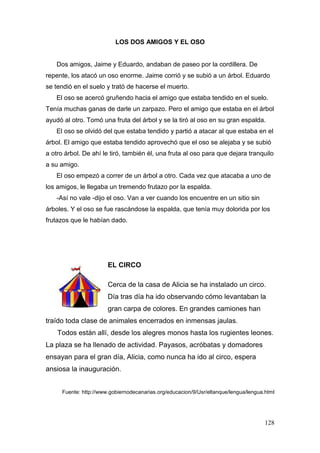 128
LOS DOS AMIGOS Y EL OSO
Dos amigos, Jaime y Eduardo, andaban de paseo por la cordillera. De
repente, los atacó un oso enorme. Jaime corrió y se subió a un árbol. Eduardo
se tendió en el suelo y trató de hacerse el muerto.
El oso se acercó gruñendo hacia el amigo que estaba tendido en el suelo.
Tenía muchas ganas de darle un zarpazo. Pero el amigo que estaba en el árbol
ayudó al otro. Tomó una fruta del árbol y se la tiró al oso en su gran espalda.
El oso se olvidó del que estaba tendido y partió a atacar al que estaba en el
árbol. El amigo que estaba tendido aprovechó que el oso se alejaba y se subió
a otro árbol. De ahí le tiró, también él, una fruta al oso para que dejara tranquilo
a su amigo.
El oso empezó a correr de un árbol a otro. Cada vez que atacaba a uno de
los amigos, le llegaba un tremendo frutazo por la espalda.
-Así no vale -dijo el oso. Van a ver cuando los encuentre en un sitio sin
árboles. Y el oso se fue rascándose la espalda, que tenía muy dolorida por los
frutazos que le habían dado.
EL CIRCO
Cerca de la casa de Alicia se ha instalado un circo.
Día tras día ha ido observando cómo levantaban la
gran carpa de colores. En grandes camiones han
traído toda clase de animales encerrados en inmensas jaulas.
Todos están allí, desde los alegres monos hasta los rugientes leones.
La plaza se ha llenado de actividad. Payasos, acróbatas y domadores
ensayan para el gran día, Alicia, como nunca ha ido al circo, espera
ansiosa la inauguración.
Fuente: http://www.gobiernodecanarias.org/educacion/9/Usr/eltanque/lengua/lengua.html
 