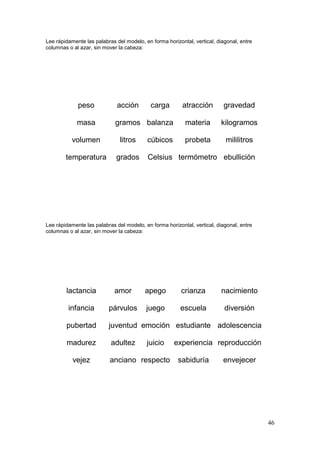 46
Lee rápidamente las palabras del modelo, en forma horizontal, vertical, diagonal, entre
columnas o al azar, sin mover la cabeza:
peso acción carga atracción gravedad
masa gramos balanza materia kilogramos
volumen litros cúbicos probeta mililitros
temperatura grados Celsius termómetro ebullición
Lee rápidamente las palabras del modelo, en forma horizontal, vertical, diagonal, entre
columnas o al azar, sin mover la cabeza:
lactancia amor apego crianza nacimiento
infancia párvulos juego escuela diversión
pubertad juventud emoción estudiante adolescencia
madurez adultez juicio experiencia reproducción
vejez anciano respecto sabiduría envejecer
 