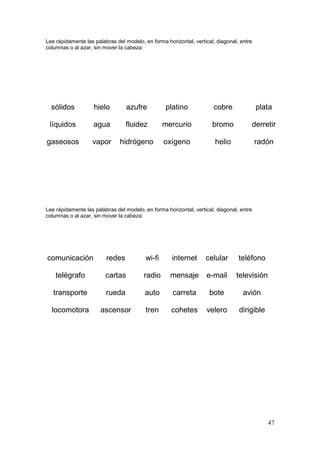 47
Lee rápidamente las palabras del modelo, en forma horizontal, vertical, diagonal, entre
columnas o al azar, sin mover la cabeza:
sólidos hielo azufre platino cobre plata
líquidos agua fluidez mercurio bromo derretir
gaseosos vapor hidrógeno oxígeno helio radón
Lee rápidamente las palabras del modelo, en forma horizontal, vertical, diagonal, entre
columnas o al azar, sin mover la cabeza:
comunicación redes wi-fi internet celular teléfono
telégrafo cartas radio mensaje e-mail televisión
transporte rueda auto carreta bote avión
locomotora ascensor tren cohetes velero dirigible
 