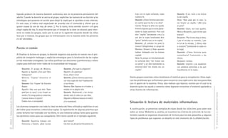 logrado producir de manera bastante autónoma, aún sin la presencia permanente del                hoja con la copla señalada, copla           Docente: A ver, leele a los chicos
                                     adulto. Cuando la docente se acerca al grupo, explicitan las razones de su elección y las        número 4).                                  la del cepillo.
                                     estrategias que pusieron en acción para elegir la copla que se ajustaba a esos criterios.        Docente: ¿Cómo hicieron para dar-           Alejo: “Ayer pasé por tu casa / y
                                     En este caso, el índice está organizado de acuerdo con el contenido y efecto que se              se cuenta que era ésa y no otra?            me tiraste un cepillo / ¡Me vino
                                     quiere causar (si son de risa, de amor…). Por lo tanto, tenía sentido recurrir a él para         Camila: Porque la seño nos ayudó.           al pelo!”.
                                     elegir coplas de risa. Es muy frecuente que el tiempo de la clase no alcance para inter-         Primero dijimos que era ésta (seña-         Docente: Claro, son casi iguales.
                                                                                                                                      lando la copla anterior). Pero acá          Mora y Benjamín, ¿qué tenían que
                                     venir en todos los grupos, razón por la cual en la siguiente situación donde los niños
                                                                                                                                      dice “cepillo” (señalando CEPILLO) y        buscar?
                                     lean por sí mismos, los grupos que no interactuaron con la maestra serán los primeros
                                                                                                                                      acá (en la copla localizada) dice           Benjamín: “Por la luna doy un beso,
                                     en ser atendidos.
                                                                                                                                      “peine” (señala PEINE en la copla).         / por el sol doy un montón, / por
                                                                                                                                      Docente: ¿A ustedes les pasó lo             la luz de tu mirada, / ¡Alma, vida
                                                                                                                                      mismo? (dirigiéndose al grupo de            y corazón!” (señalando la copla en
                                     Puesta en común                                                                                  Mariano, Genaro y Alejo quienes             la hoja).
                                                                                                                                      habían trabajado con las mismas             Docente: ¿Cómo hicieron para
                                     Al finalizar la lectura en grupos, la docente organiza una puesta en común con el pro-           coplas).                                    encontrarla? Cuéntenles a los
                                     pósito de compartir hallazgos y explicitar estrategias para la localización de las coplas        Alejo: Sí, porque en ésta (señalando        chicos.
                                     en los materiales entregados. Los niños justifican sus elecciones y preferencias y releen        la correcta) dice “me tiraste con           Benjamín: Leímos.
                                     coplas para disfrutar entre todos de la musicalidad del lenguaje.                                un peine” y en ésta (señalando la           Docente: Leyeron y se ayudaron
                                                                                                                                      anterior) dice “me tiraste con un           con palabras parecidas a las que
                                          Docente: El grupo de Malena,                  Docente: ¿Por qué la eligieron?               cepillo”.                                   buscábamos en la copla...
                                          Agustín y Agustín ¿Con qué libro              Agustín: ¡Es graciosa!
                                          trabajaron?                                   Erica: ¡Hace rima!
                                          Malena: “Coplas” (muestra el                  Docente: ¿Cómo hicieron para bus-        Varios grupos comentan cómo localizaron el material para la recopilación. Unos expli-
                                          libro).                                       car esta copla de risa? Explíquenle      can los problemas que enfrentaron para encontrar una copla entre dos muy parecidas
                                          Docente: Con “Coplas” de Graciela             a los chicos.                            con el aporte de la maestra. Otros, solo indican que leyeron, motivo por el cual es la
                                          Repún.                                        Malena: Nos fijamos en el índice y       docente quien los ayuda y comenta cómo lograron encontrar el material apelando a
                                          Agustín: Hay una que dice “Ayer               estaba en la página seis.                otras fuentes de información.
                                          pasé por tu casa / y me tiraste un            Docente: Muéstrenle a los chicos
DGCyE / Subsecretaría de Educación




                                                                                                                                                                                                                          La lectura en la alfabetización inicial
                                          melón / Ya tengo plato y cubiertos,           dónde está el índice en ese libro.
                                          / ahora tirame el jamón”.                     (Agustín y Malena buscan el índice
                                          (Todos ríen a carcajadas).                    y lo muestran).                          Situación 6: lectura de materiales informativos
                                     Los alumnos comparten con toda la clase los datos del libro utilizado y explicitan el uso
                                     del índice para encontrar y seleccionar coplas. La explicitación de algunas prácticas que   A continuación, se presentan ejemplos de clases donde los niños leen para saber más
                                     como lectores han realizado con los libros, es una instancia valiosa tanto para quienes     sobre un tema. Mediante su análisis, se muestran los criterios de selección de los ma-
                                     las ejercieron como para sus compañeros. Otro tanto sucede en el ejemplo siguiente.         teriales cuando se organizan situaciones de lectura para los más pequeños, y algunos
                                                                                                                                 tipos de problemas que suponen un desafío en este momento de la alfabetización.
                                          Docente: Agustina trabajó con                 que buscar?
                                          Florencia y Camila. ¿Qué tenían               Las tres: ¡La del peine! (muestran la

76                                                                                                                                                                                                                        77
 