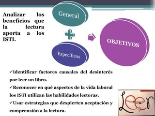 Analizar     los
beneficios que
la       lectura
aporta a los
ISTI.




  Identificar factores causales del desinterés
  por leer un libro.
  Reconocer en qué aspectos de la vida laboral
  los ISTI utilizan las habilidades lectoras.
  Usar estrategias que despierten aceptación y
  comprensión a la lectura.
 