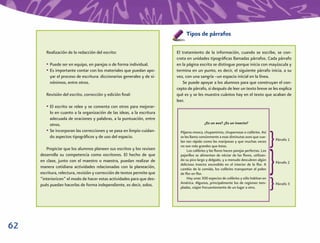Tipos de párrafos

        Realización de la redacción del escrito:                         El tratamiento de la información, cuando se escribe, se con-
                                                                         creta en unidades tipográﬁcas llamadas párrafos. Cada párrafo
        • Puede ser en equipo, en parejas o de forma individual.         en la página escrita se distingue porque inicia con mayúscula y
        • Es importante contar con los materiales que puedan apo-        termina en un punto, es decir, el siguiente párrafo inicia, a su
          yar el proceso de escritura: diccionarios generales y de si-   vez, con una sangría –un espacio inicial en la línea.
          nónimos, entre otros.                                              Se puede apoyar a los alumnos para que construyan el con-
                                                                         cepto de párrafo, si después de leer un texto breve se les explica
        Revisión del escrito, corrección y edición ﬁnal:                 qué es y se les muestra cuántos hay en el texto que acaban de
                                                                         leer.
        • El escrito se relee y se comenta con otros para mejorar-
          lo en cuanto a la organización de las ideas, a la escritura
          adecuada de oraciones y palabras, a la puntuación, entre
          otros.                                                                           ¿Es un ave? ¿Es un insecto?
        • Se incorporan las correcciones y se pasa en limpio cuidan-       Pájaros-mosca, chupamirtos, chuparrosas o colibríes. Así
          do aspectos tipográﬁcos y de uso del espacio.                    se les llama comúnmente a esas diminutas aves que vue-
                                                                           lan tan rápido como las mariposas y que muchas veces          Párrafo 1
                                                                           no son más grandes que éstas.
        Propiciar que los alumnos planeen sus escritos y los revisen            Los colibríes y las ﬂores hacen parejas perfectas. Los
     desarrolla su competencia como escritores. El hecho de que            pajarillos se alimentan de néctar de las ﬂores, utilizan-
     en clase, junto con el maestro o maestra, puedan realizar de          do su pico largo y delgado, y a menudo descubren algún
                                                                           delicioso insecto escondido en el interior de la ﬂor. A       Párrafo 2
     manera cotidiana actividades relacionadas con la planeación,          cambio de la comida, los colibríes transportan el polen
     escritura, relectura, revisión y corrección de textos permite que     de ﬂor en ﬂor.
     “interioricen” el modo de hacer estas actividades para que des-            Hay unas 300 especies de colibríes y sólo habitan en
                                                                           América. Algunos, principalmente los de regiones tem-         Párrafo 3
     pués puedan hacerlas de forma independiente, es decir, solos.         pladas, viajan frecuentemente de un lugar a otro.




62
 