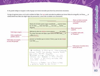 Revisión de los escritos
B. Se puede trabajar en equipos o todo el grupo con textos marcados para hacer las correcciones necesarias.

Corrige el siguiente texto, en el cual se señalan las fallas. Con rojo están marcadas las palabras que tienen faltas de ortografía; con líneas___ se
señala dónde hace falta usar algún signo de puntuación, y otras más se señalan con comentarios.

                                                          _____________________                                        Poner un título centrado.
                                                                                                                       Usar mayúsculas para
                                        Dentro de 10 años quiero seguir estudiando __ casarme hasta                    escribirlo.
                                        los 25 años ___ tener dos hijos ___ una casa ___ bonita ___
                                        elegante,                                                                  Mejor poner punto
                                                                                                                   y aparte.
      Faltó dejar sangría.              Disfrutar la vida a lo máximo no ser esterica ______ser modes-
                                        ta y tener futu para mis hijos y que nunca me falte nada___ ni             La palabra adecuada
                                                                                                                   es “histérica”.
      Falta completar la                a ellos ni a mi__
      palabra: futuro
                                        Conocer un hombre que no tome ni fume y que no sea enojon
Faltó dejar una sangría,
al inicio del párrafo.                  y ser feliz ____


                                                                                                                      Falta poner el nombre de la
                                                                                                                      autora del texto.




                                                                                                                                                       83
 