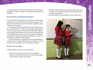 Revisión de los escritos
ra se puede mejorar la retroalimentación del proceso de enseñanza-          • Establecer niveles de logro que describan la calidad de las cons-
aprendizaje y facilitar al docente la caliﬁcación del desempeño del           trucciones y la movilización de saberes (conceptuales, procedi-
estudiante.                                                                   mentales y actitudinales).
                                                                            • Usar descriptores (en vez de adjetivos o frases caliﬁcativas).
El uso de rúbricas y el desarrollo metacognitivo

Como en las rúbricas se especiﬁcan los criterios y los niveles de logro
o desempeño en la realización de tareas diversas, resulta que tam-
bién son instrumentos que permiten desarrollar habilidades meta-
cognitivas en los alumnos.
    La metacognición facilita la planiﬁcación de las estrategias que se
han de utilizar para llevar a cabo un proceso (según ciertas metas) y
controlar y evaluar el proceso, con el ﬁn de detectar posibles fallas pa-
ra buscar luego cómo superarlas. Por ello, que los alumnos participen
en la elaboración de rúbricas y las usen para realizar tareas diversas,
y evaluarlas contribuye a desarrollar su metacognición y a mejorar su
desempeño y la calidad de sus aprendizajes.
    Las rúbricas favorecen el control de los procesos de aprendizaje y
la reﬂexión sobre la calidad del desempeño y contribuyen a que los
alumnos revisen sus trabajos antes de entregarlos al maestro.

Qué debe tener una rúbrica

Cuando se elabora una rúbrica es muy importante:

   • Tener claro qué queremos que aprendan los estudiantes.
   • Contar con una lista de los criterios o características que deben
     tener los buenos trabajos o desempeños.




                                                                                                                                                  85
 