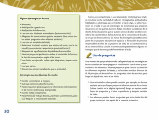 Como una competencia es una disposición intelectual que impli-
     Algunas estrategias de lectura
                                                                         ca movilizar cierta cantidad de saberes conceptuales, actitudinales,
                                                                         habilidades y destrezas para enfrentar o hacer algo, se debe favo-
     • Muestreo.                                                         recer en el aula el uso de estrategias de enseñanza que propicien
     • Anticipación y predicción.                                        situaciones en las que los alumnos deban movilizar sus saberes. En el
     • Realización de inferencias.                                       diseño de las situaciones que se pueden vivir en la clase se deben con-
     • Leer con una hipótesis acomodativa (autocorrección).              siderar las características de los alumnos, de la comunidad, de la cultu-
     • Allegarse del conocimiento previo necesario (leer otros tex-      ra en que se desenvuelven y las metas de desempeño deseables como
       tos antes, preguntar sobre el tema, etcétera).
                                                                         parte de un proyecto educativo de apoyo a la formación de personas
     • Leer con un propósito deﬁnido.                                    responsables de ellas de su proyecto de vida, de su autoformación y
     • Relacionar lo visual, es decir, que está en el texto, con lo no   de su entorno físico y social. A continuación presentamos algunas es-
       visual (conocimiento y experiencia previa del lector).
                                                                         trategias que el docente puede fomentar en el aula.
     • Búsqueda de signiﬁcaciones de palabras desconocidas.
     • Hacerse preguntas pertinentes sobre el contenido, la forma y              Uso de preguntas
       la función comunicativa según el de texto.
     • Leer todo, por ejemplo: notas a pie, diagramas, mapas, entre      Una manera de apoyar el desarrollo y el aprendizaje de estrategias de
       otros.
                                                                         lectura consiste en hacer preguntas relacionadas con el texto y acos-
     • Leer por partes.                                                  tumbrar a los alumnos a hacerse preguntas para centrar su atención
     • Discutir con otros (socializar lo que se entiende).               en diferentes aspectos del texto, y así extraer sentidos diversos de
                                                                         él. Al principio, el docente hará las preguntas sobre los escritos, pero
     Estrategias que son técnicas de estudio
                                                                         luego se dejará esta tarea a los niños.
     • Escribir comentarios al margen.                                      • Una actividad en clase puede consistir, por ejemplo, en formar
     • Subrayar determinada información.                                      equipos para que hagan preguntas diversas acerca de un texto
     • Hacer esquemas para recuperar la información más importan-             (véase cuadro en la página siguiente); luego un equipo puede
       te de manera ordenada y jerarquizada.
                                                                              hacer las preguntas y el otro responderlas y después cambiar
     • Escribir notas o resúmenes.                                            de roles.
     • Hacer ﬁchas de trabajo de citas, paráfrasis y comentarios, para      • Los alumnos pueden hacer preguntas que entre todos los del
       usar después la información obtenida.
                                                                              grupo contesten, con ayuda de la maestra o maestro.



30
 