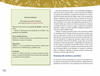 Estos pasos pueden dar origen a otras actividades pedagógicas,
                                                                          como hacer que los alumnos lean un nuevo texto para que elaboren
                                                                          su esquema de contenidos y su esquema de estructura, en el cual se
                                                                          aprecien las partes clave del texto según su tipo, o bien se pueden dar
                          Estructura del texto
                                                                          mapas conceptuales sobre ciertos temas y esquemas de estructura
                                                                          de texto para que los alumnos armen escritos nuevos que recuperen
                  (Estrategias esquemáticas utilizadas
                                                                          esos contenidos y esa manera de organización propuestos. No es-
                por el autor en este texto argumentativo)
                                                                          tá demás señalar que conforme los alumnos practican la realización
                                                                          y armado de textos, con base en mapas o esquemas de contenido,
     Mención de dos hechos como punto de partida o como pre-
                                                                          aprenden a realizar con mayor facilidad actividades de paráfrasis, lo
     misas:
                                                                          cual evita en gran medida la copia.
        Párrafo 1: declaraciones del presidente de la CNDH y del
                                                                              También se puede aprovechar la lectura de estos textos modelo
     presidente de la República.
                                                                          (o prototípicos dentro del tipo textual que queremos estudiar, pero
                                                                          que son reales porque circulan en los contextos de comunicación)
     Tesis u opinión del autor
                                                                          para observar cómo se produce la estructuración de contenidos más
     Párrafo 2: combatir la violencia no es tarea fácil, pues sus mani-
                                                                          local en cada párrafo. Es importante aprender a captar la estructura
     festaciones y causas son variadas.
                                                                          y la información esencial de los párrafos, ya que cada uno de ellos
                                                                          constituye una idea, pensamiento o unidad lógica de contenido que
     Argumentos
                                                                          el autor expone y desarrolla. Al desarrollar el tema o idea central
     Párrafos 3 a 11: la descripción de los tipos de violencia que
                                                                          de un párrafo normalmente se exponen características de elementos
     menciona: sus manifestaciones y posibles causas.
                                                                          que se pretende deﬁnir; se dan ejemplos; se comparan o contrastan
                                                                          ideas; se establecen analogías; se aportan razones o pruebas para
     Conclusión
                                                                          demostrar o sostener algo, etcétera.
     Párrafo 11: últimas tres líneas, en las que se plantea una pre-
     gunta y se expresa la diﬁcultad en las acciones para emprender
     un combate contra la violencia.
                                                                          El proceso de escritura y sus fases
                                                                          En este tercer ciclo los aprendizajes se centran en la producción de
                                                                          los alumnos relacionada con textos básicamente argumentativos y
                                                                          expositivos. En este ciclo es muy importante que los alumnos usen



72
 