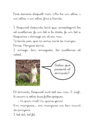 Però darrere d'aquell nen n'hi ha un altre, i
un altre, i un altre, fins a trenta.


I l'esquirol s'espanta tant que, arreplegant les
set avellanes, fa un bot a la dreta, fa un bot a
l'esquerra i s'amaga en el seu niu.
Té tanta por, que ni esma no té de menjar.
Pensa: Menjaré demà.
I amaga, ben amagades, les avellanes al
rebost.



                              Sabeu què
                              passarà el
                              dimarts?




El dimarts, l'esquirol surt del seu niu. I, paf!,
li cauen a sobre dues fulles grogues.
   - Ui quin mal! Ui, quina gana!
Em menjaria… em menjaria un bon munt
de pinyons.
I tal dit, tal fet.
 