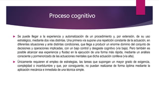 Proceso cognitivo
 Se puede llegar a la experiencia y automatización de un procedimiento y, por extensión, de su uso
estratégico, mediante dos vías distintas. Una primera vía supone una repetición constante de la actuación, en
diferentes situaciones y ante distintas condiciones, que llega a producir un enorme dominio del conjunto de
decisiones y operaciones implicadas, con un bajo control y desgaste cognitivo (vía baja). Pero también es
posible alcanzar esa experiencia y fluidez en la ejecución de una forma más rápida, mediante un análisis
consciente y pormenorizado de las actuaciones mentales que dicha actuación conlleva (vía alta).
 Únicamente requieren el empleo de estrategias, las tareas que supongan un mayor grado de exigencia,
complejidad o incertidumbre y que, por consiguiente, no puedan realizarse de forma óptima mediante la
aplicación mecánica e inmediata de una técnica simple.
 