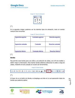 Imagen 21. Tipos de alineación




[21]

En la siguiente imagen podemos ver los distintos tipos de alineación, tanto en sentido
vertical como horizontal.

                                 Imagen 22. Tipos de alineación




[22]

Bordes

Nos permite crear bordes para una celda o una selección de celdas, con el fin de resaltar o
definir mejor la información. Para insertar bordes debemos seleccionar la celda o rango de
celdas, mediante el ícono ubicado en la barra de herramientas.

                                   Imagen 23. Botón bordes




[23]

Al hacer clic en el botón de Bordes, se despliega una lista en la cual aparecerán todos los
                                                                                              17


bordes que podemos aplicar.
                                                                                              Página
 